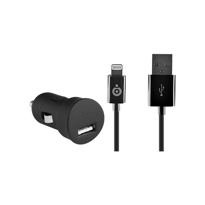 Cargador coche : USB A + câble Lightning 1A / 1m Negro
