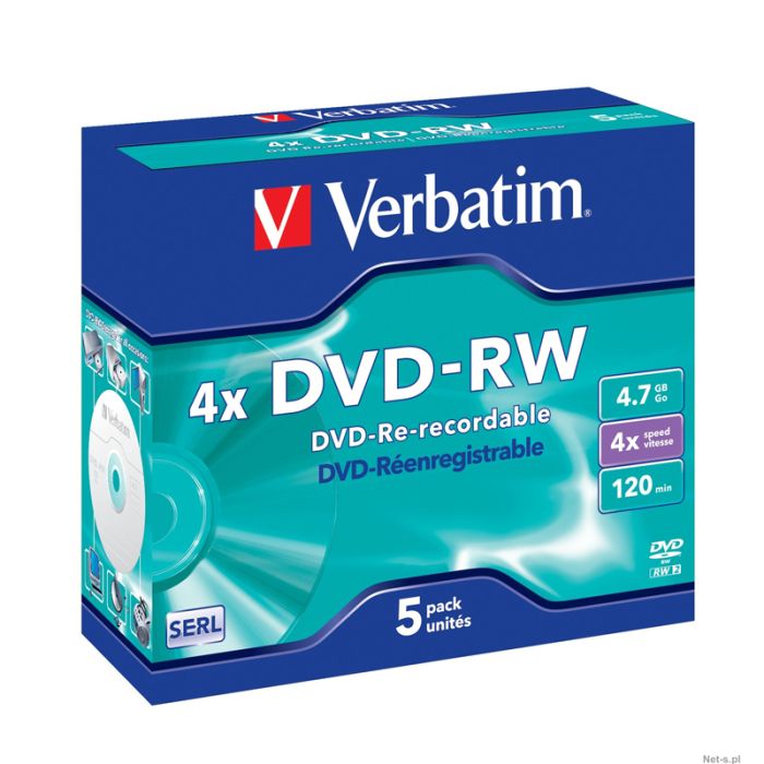 Pack 5 DVDs VERBATIM RW 4X 4.7GB jewel