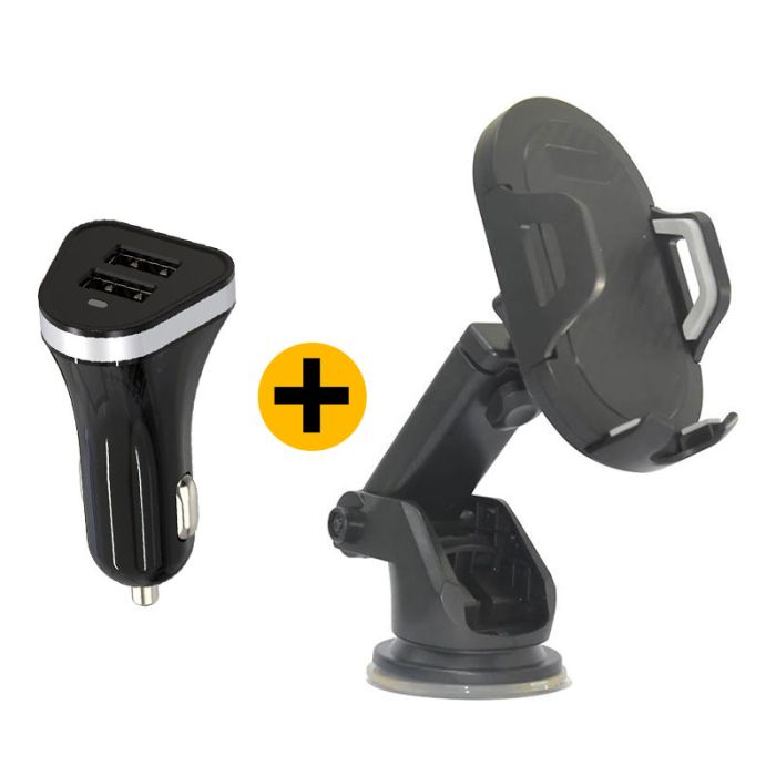 Adaptador mechero coche EDENWOOD a 2 USBs + soporte de ventosa para teléfono negro