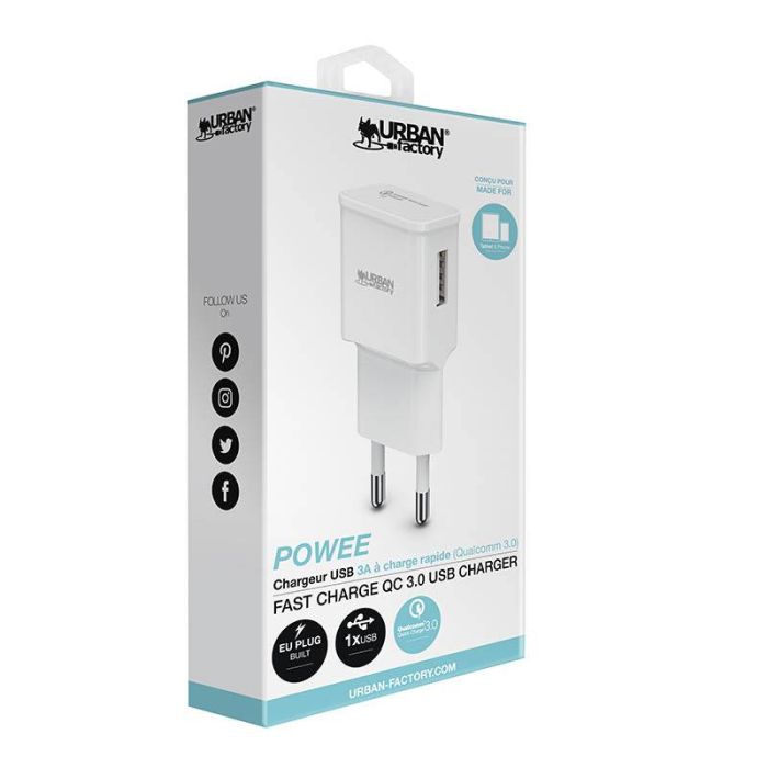 Cargador de red URBAN FACTORY 1 USB 3A carga rápida blanco