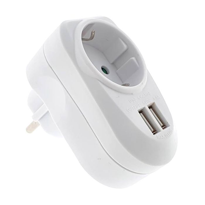 Clavija adaptadora EUROBRIC 1 toma schuko y 2 tomas usb (usb output:5vdc, 2.1a  )