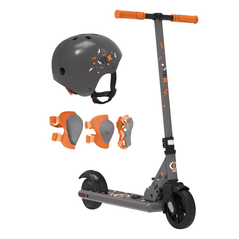 patinete eléctrico para niños revoe tex naranja + kit de protección