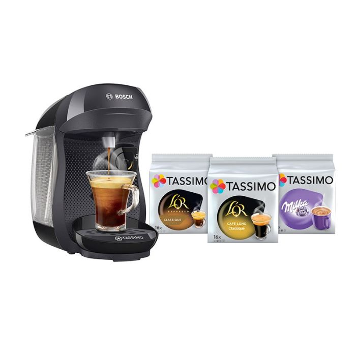 Cafetera de cápsulas BOSCH TASSIMO TAS1002N6 HAPPY negro + 3 cajas de café  - Electro Dépôt