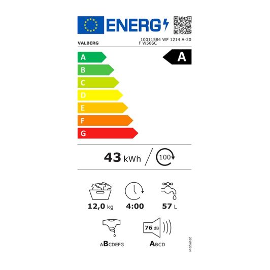Lavadora 12 kg, ideal para familias, Clase A-20%, vapor,  VALBERG WF 1214 A-20 F W566C