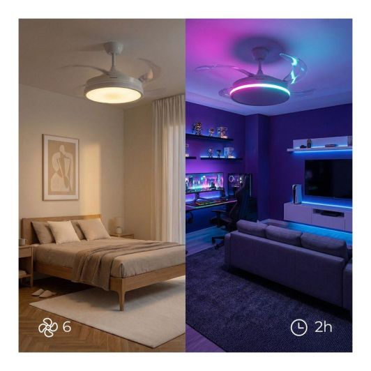 INNOVAGOODS Ventilador de Techo con Luz LED y Aspas Retráctiles Motor DC 6 Velocidades Blanco con RGB