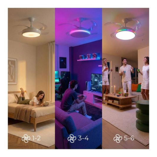 INNOVAGOODS Ventilador de Techo con Luz LED y Aspas Retráctiles Motor DC 6 Velocidades Blanco con RGB