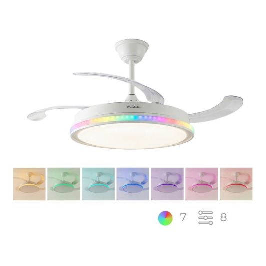 INNOVAGOODS Ventilador de Techo con Luz LED y Aspas Retráctiles Motor DC 6 Velocidades Blanco con RGB