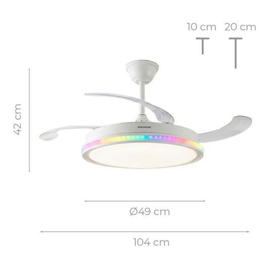 INNOVAGOODS Ventilador de Techo con Luz LED y Aspas Retráctiles Motor DC 6 Velocidades Blanco con RGB
