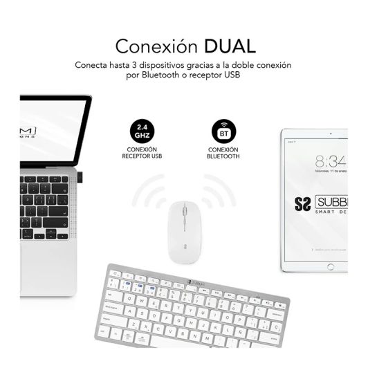  Pack Teclado+Raton Multidispositivo Compacto Plateado/Blanco SUBBLIM 