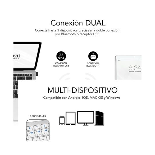  Pack Teclado+Raton Multidispositivo Compacto Plateado/Blanco SUBBLIM 