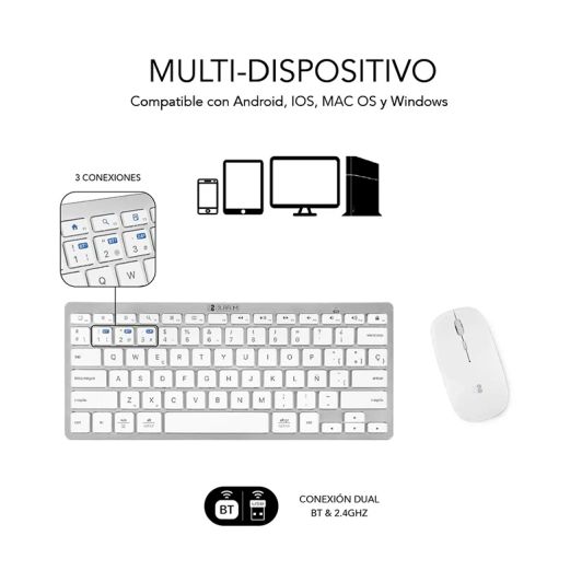  Pack Teclado+Raton Multidispositivo Compacto Plateado/Blanco SUBBLIM 