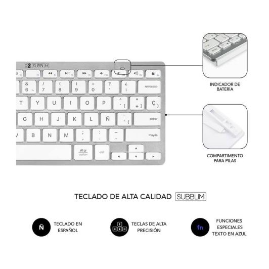  Pack Teclado+Raton Multidispositivo Compacto Plateado/Blanco SUBBLIM 
