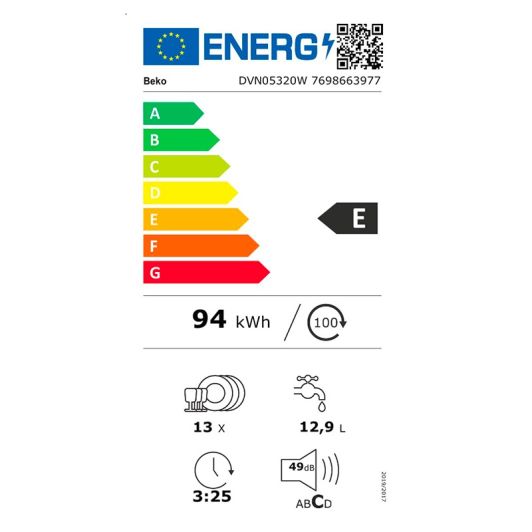 Lavavajillas 13 servicios BEKO Blanco 60cm Clase E 49dB DVN05320W
