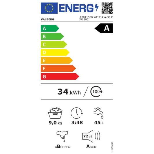 Lavadora carga frontal, 9kg, 1400rpm, clase A-30%, ideal para 4 personas,  VALBERG WF 914 A-30 F W180C