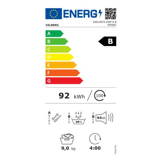 Secadora Bomba de Calor, 9kg, Clase B, 14 programas, luz UV, VALBERG DHP 9 B W566C