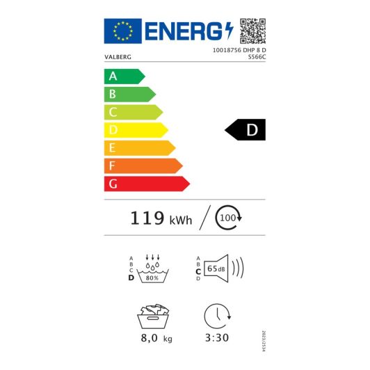 Secadora Bomba de calor, 8kg, clase D, gris silver VALBERG DHP 8 D S566C