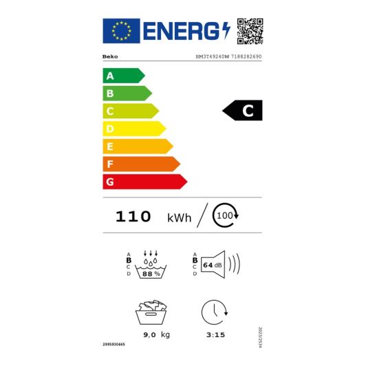 Secadora Bomba de Calor, 9kg, clase C, 15 programas, BEKO BM3T49240W 