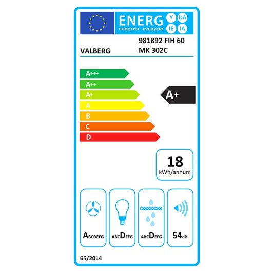Campana Inclinada VALBERG 60cm caudal 528m3/h Clase A+ Filtro Aluminio FIH 60 MK 302C