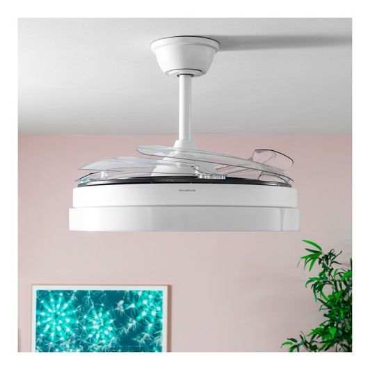 Ventilador de Techo con Luz LED y Aspas Retráctiles Motor DC Silencioso 6 Velocidades Innovagoods - color Madera y Blanco