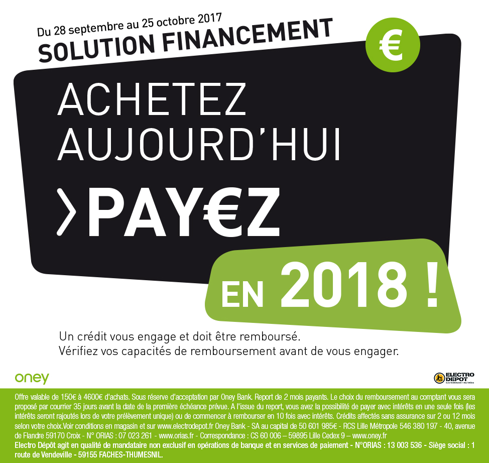 Achetez aujourd'hui, payez en 2018 avec Oney