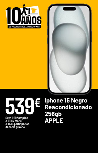 10 Anos de precios bajos... Y mucho mas - Iphone 15 Negro Reaconditionado 256Gb - Apple - 539€