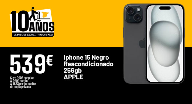 10 Anos de precios bajos... Y mucho mas - Iphone 15 Negro Reaconditionado 256Gb - Apple - 539€
